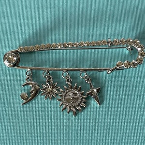 Vintage safety pin brooch, vintage moon and stars brooch, rhinestone star brooch rhinestone moon rhinestone safety pin, sun brooch celestial