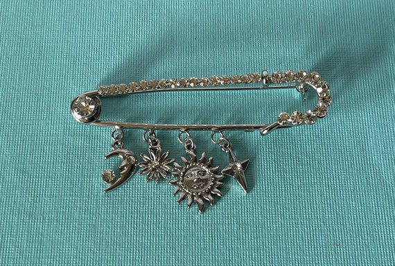 Vintage safety pin brooch, vintage moon and stars… - image 1