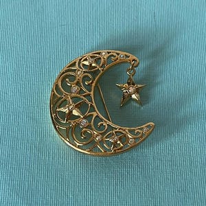Vintage moon brooch, moon and stars pin, gold moon pin, crescent moon brooch, moon dangle pin, rhinestone moon brooch, moon jewelry