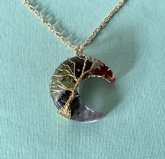Crescent moon necklace, 24" moon necklace, wire wrapped crescent moon necklace, chakra stone crescent moon pendant, reiki energy healing