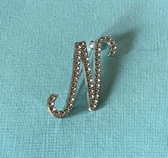 Vintage letter N brooch, silver letter N pin, rhinestone letter N brooch, letter N jewelry, monogram n pin, initial n brooch, large letter N