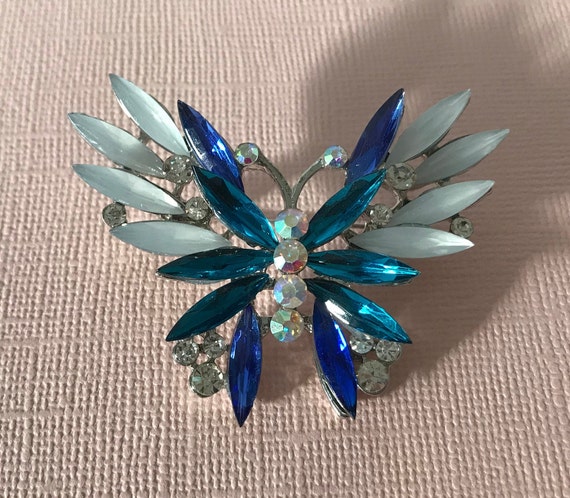 Rhinestone butterfly brooch, blue butterfly pin, … - image 2