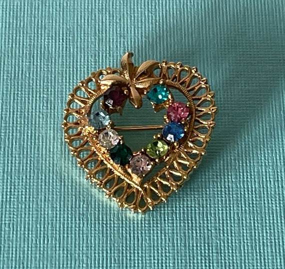 Vintage heart brooch, rhinestone heart brooch, go… - image 1