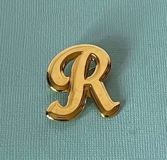 Vintage letter R brooch, gold letter r pin, initia