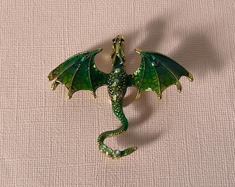 Large vintage dragon brooch, pewter dragon pin, green dragon brooch, dungeons, thrones, rhinestone dragon brooch, red eye dragon, serpent