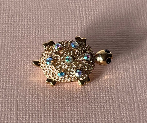 Rhinestone turtle brooch, gold turtle pin, tortoi… - image 2