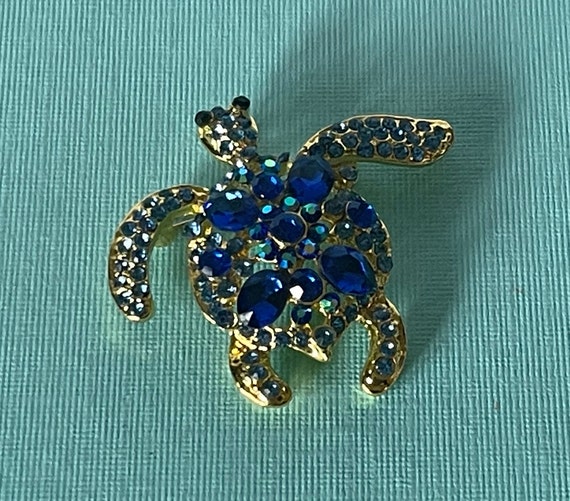 Rhinestone turtle brooch, blue turtle pin, sea tu… - image 1