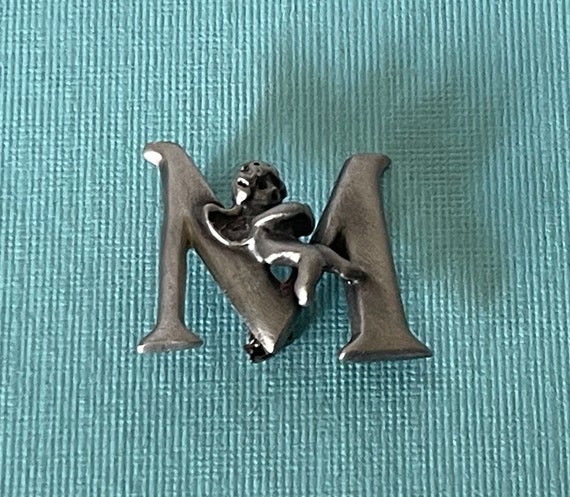 Vintage letter M brooch, pewter letter M pin, letter M with angel brooch signed L razza, silver letter M pin, monogram m brooch, letter M