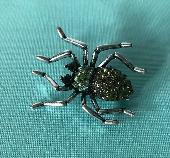 Green rhinestone spider brooch, Halloween spider p
