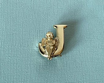 Vintage letter J brooch, letter J with angel pin, letter j jewelry, angel jewelry, gold letter j pin, monogram j brooch, signed L Razza, J