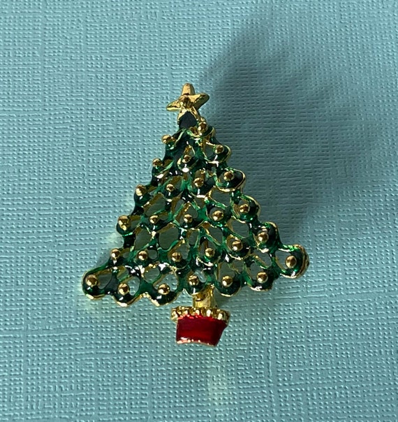 Vintage Christmas tree brooch, green Christmas tr… - image 3