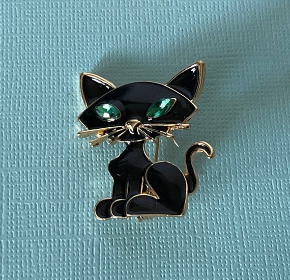 Black cat brooch, rhinestone cat pin, Halloween c… - image 1