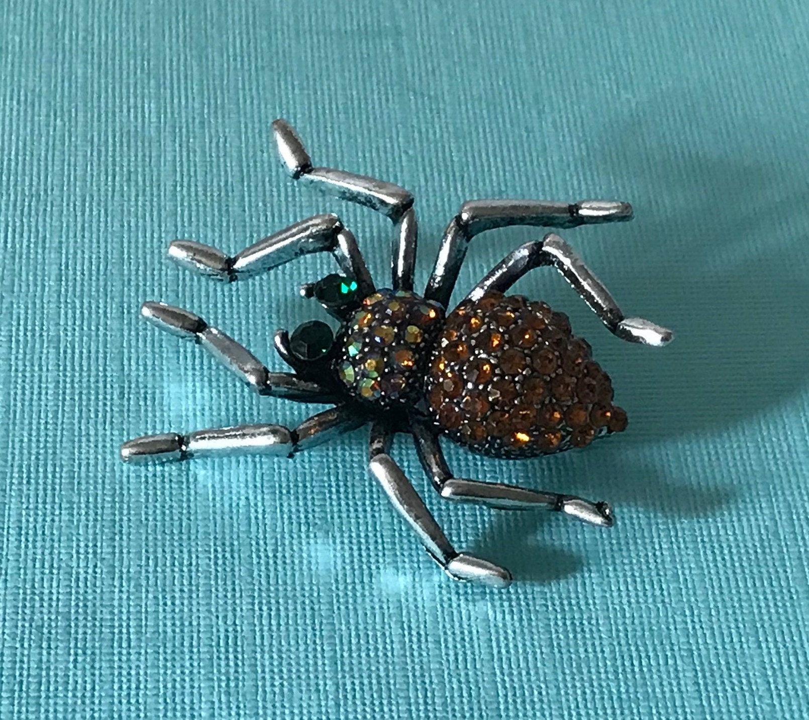 Rhinestone spider pin, green eye spider brooch, spider jewelry, Halloween spider pin, brown spider pin, silver spider, amber spider, brown