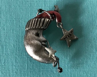 Vintage Crescent moon brooch, pewter moon brooch, Santa moon pin, man in the moon pin, Christmas brooch, wish upon a star, crescent moon pin
