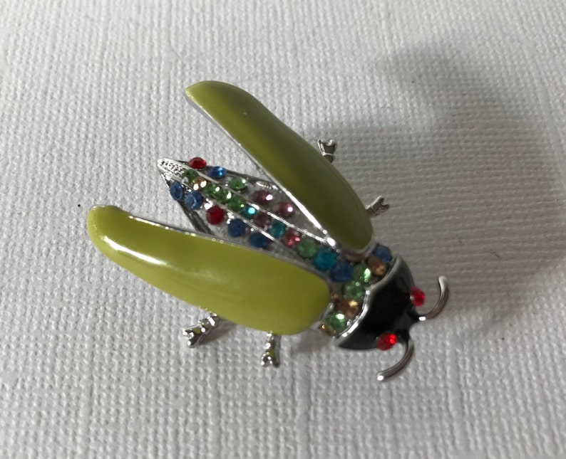 Rhinestone green beetle pin roach brooch multi color Etsy
