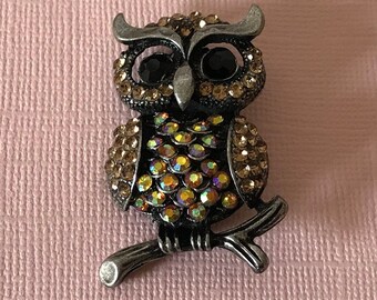 Rhinestone owl brooch, aurora borealis rhinestone owl pin, owl jewelry, bird jewelry, brown owl pin rhinestone bird brooch, yellow owl, gold