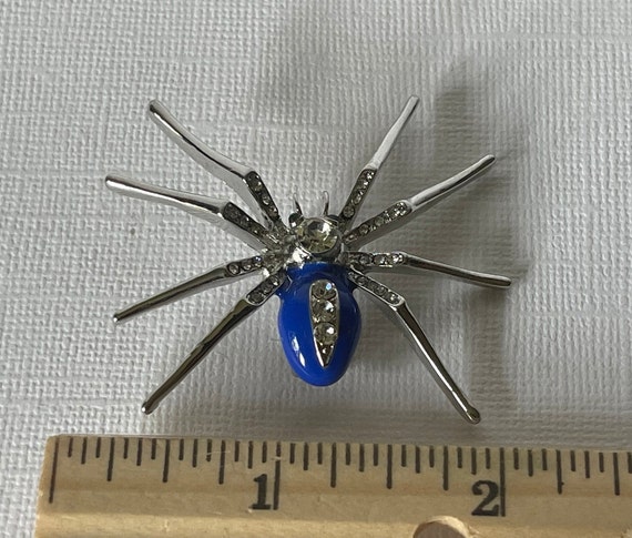 Blue spider brooch, rhinestone spider pin, Hallow… - image 5