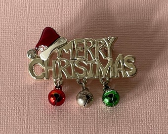 Vintage Merry Christmas brooch, jingle bell brooch, ringing bell brooch, rhinestone bell brooch, Christmas jewelry, Merry Christmas pin bell