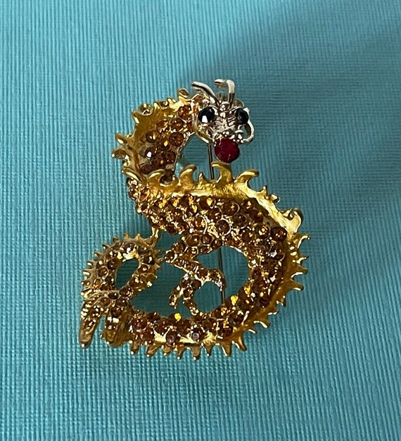Rhinestone dragon brooch, gold rhinestone dragon … - image 1