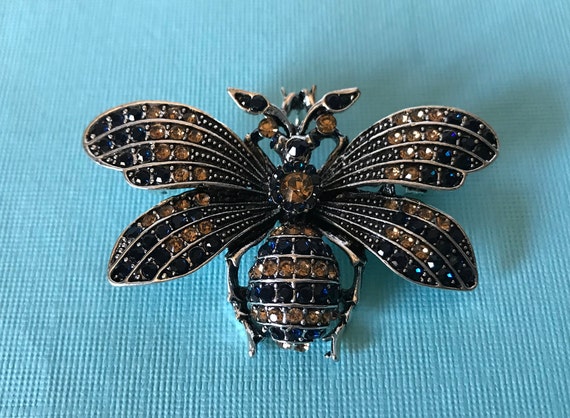 Blue rhinestone bumble bee pin, bee brooch, bee j… - image 1