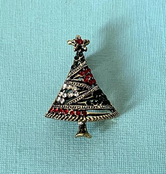 Rhinestone Christmas tree brooch, green rhinestone Christmas tree, red rhinestone Christmas tree, Christmas brooch, Christmas jewelry,
