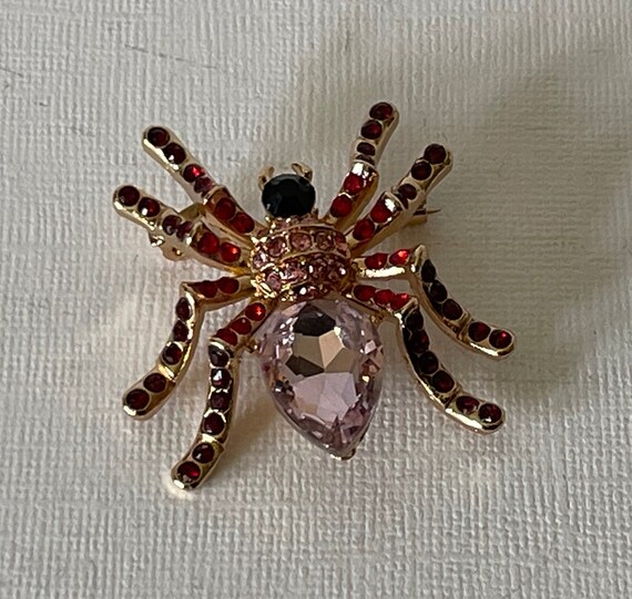 Pink and red rhinestone spider pin, spider brooch… - image 4