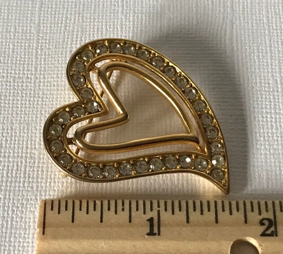 Vintage rhinestone heart brooch, heart pin, gold … - image 6