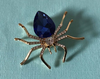 Blue rhinestone spider brooch, Halloween spider pin, spider jewelry, blue spider pin, rhinestone spider pin, black spider brooch, insect