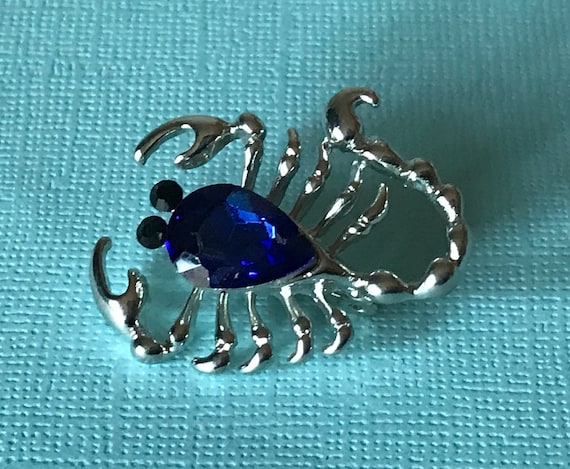 Rhinestone scorpion pin, scorpion brooch, blue sc… - image 1