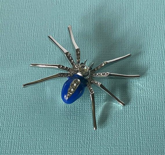 Blue spider brooch, rhinestone spider pin, Hallow… - image 2