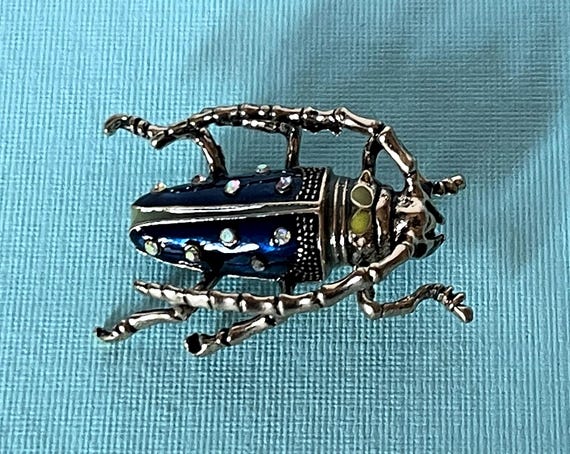 Rhinestone beetle brooch, blue longhorn beetle pin, scarab pin, locust pin, roach brooch, rhinestone roach pin, roach jewelry, beetle pin