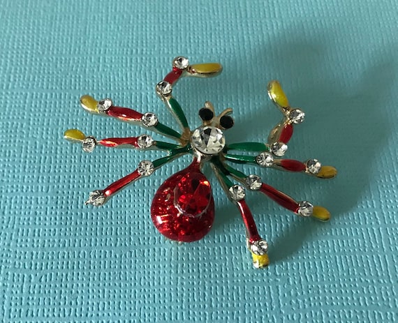 Rhinestone spider pin spider brooch, red spider p… - image 1