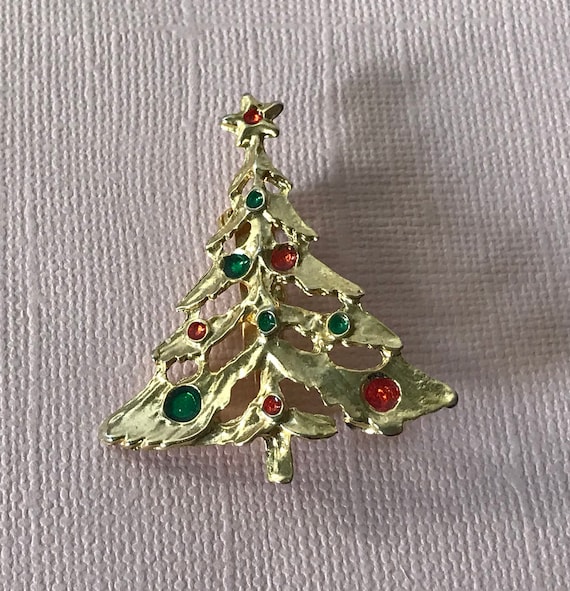 Vintage Christmas tree brooch, gold Christmas tre… - image 2