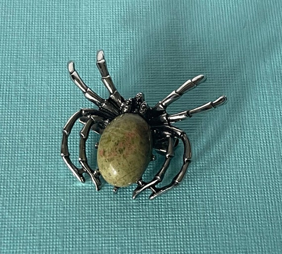 Jasper spider brooch, tarantula pin, green jasper… - image 1