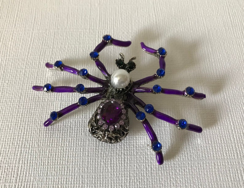purple spider rhinestone spider pins faux pearl spider pin Large purple and blue rhinestone spider pin spider jewelry Halloween spider