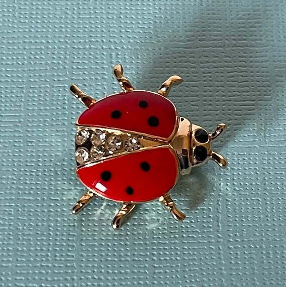 Lady bug brooch, rhinestone lady bug brooch, lady bug jewelry, beetle brooch, rhinestone beetle pin, insect jewelry, red lady bug brooch View 4
