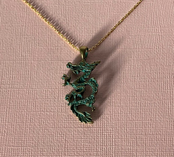 Dragon necklace, 20" dragon necklace, green drago… - image 1