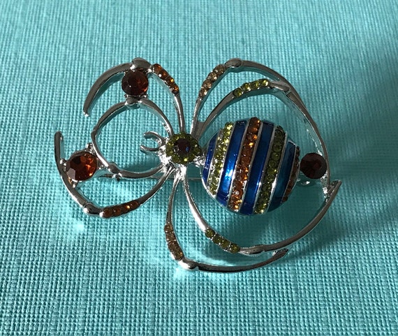 Rhinestone spider brooch, blue rhinestone spider p