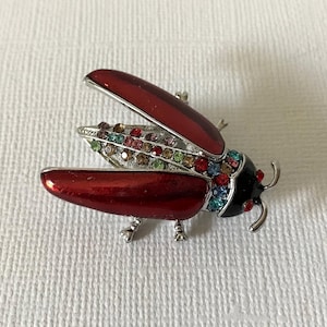 Red beetle brooch, rhinestone beetle pin, roach brooch, multi colored rhinestone beetle pin, red roach, pin, Halloween pin, insect pin, bug