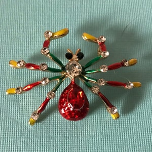 Red rhinestone spider brooch, halloween spider pin, Halloween brooch, green spider brooch, yellow spider pin, spider jewelry, red spider pin