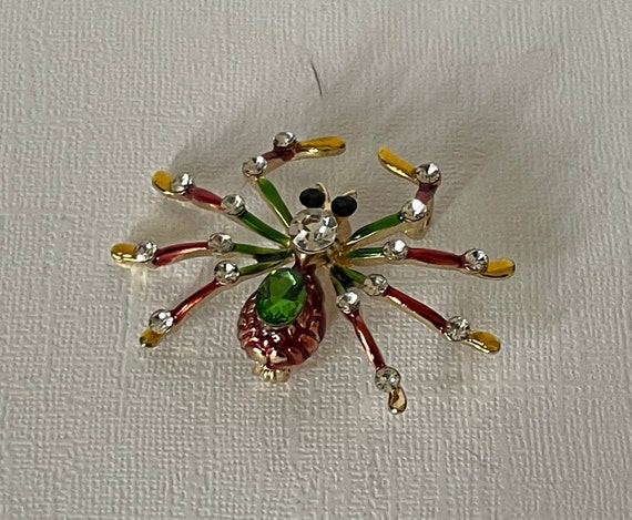 Green rhinestone spider brooch, yellow spider bro… - image 4