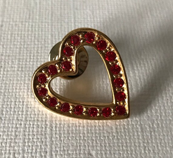 Vintage red rhinestone heart brooch, red heart pi… - image 7