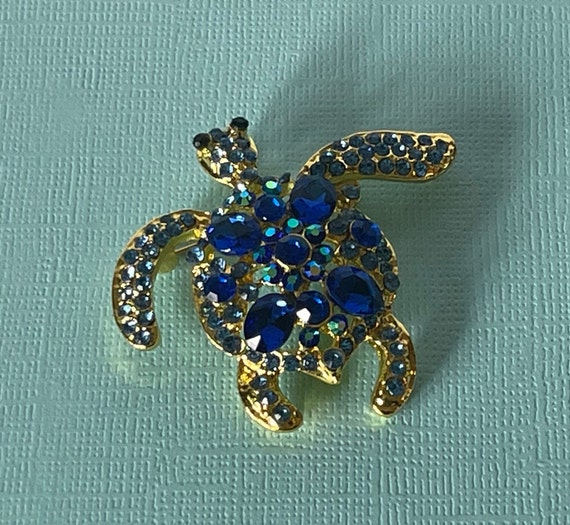 Rhinestone turtle brooch, blue turtle pin, sea tu… - image 6