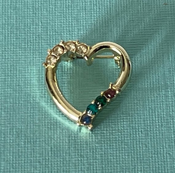 Vintage heart brooch, rhinestone heart pin, gold … - image 2