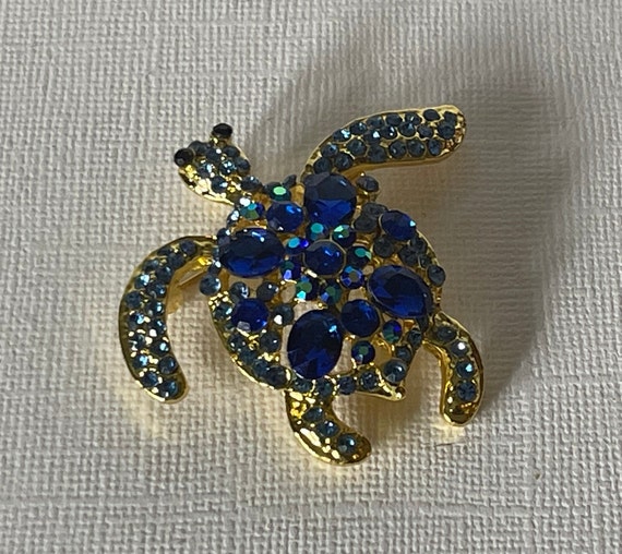 Rhinestone turtle brooch, blue turtle pin, sea tu… - image 3