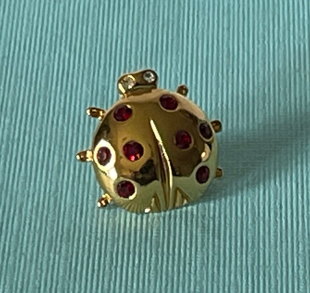 Vintage Lady Bug Brooch, Gold Lady Bug Pin, Red Rhinestone Lady Bug