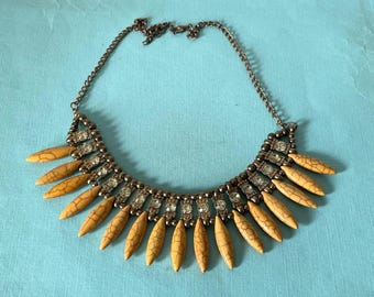 Vintage necklace, beaded necklace, rhinestone necklace, yellow beaded necklace, work necklace, gold necklace, statement necklace, yellow