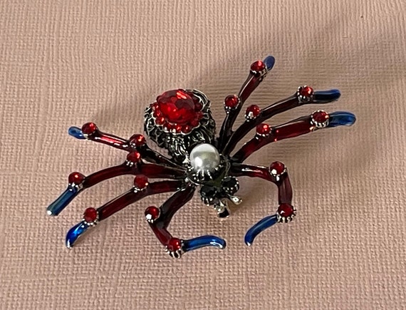 Red rhinestone spider pin, blue rhinestone spider… - image 2