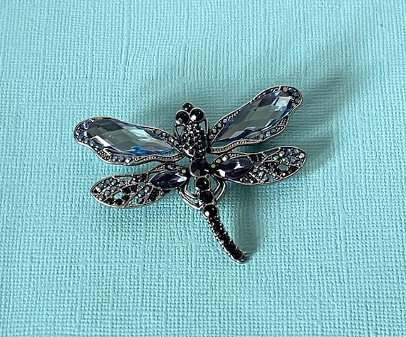 Rhinestone dragonfly brooch, blue rhinestone dragonfly pin, dragonflies, silver dragonfly brooch, insect brooch, blue dragonfly brooch