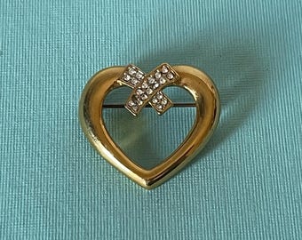 Vintage heart brooch, rhinestone heart pin, heart with x pin, gold heart pin, wedding heart pin, Valentine's heart brooch, heart pin vintage